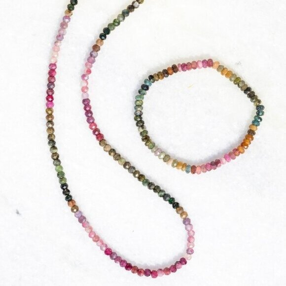 Beaded Necklace Watermelon Tourmaline Ombre Gemstone Jewelry October Birthstone - Picture 1 of 16